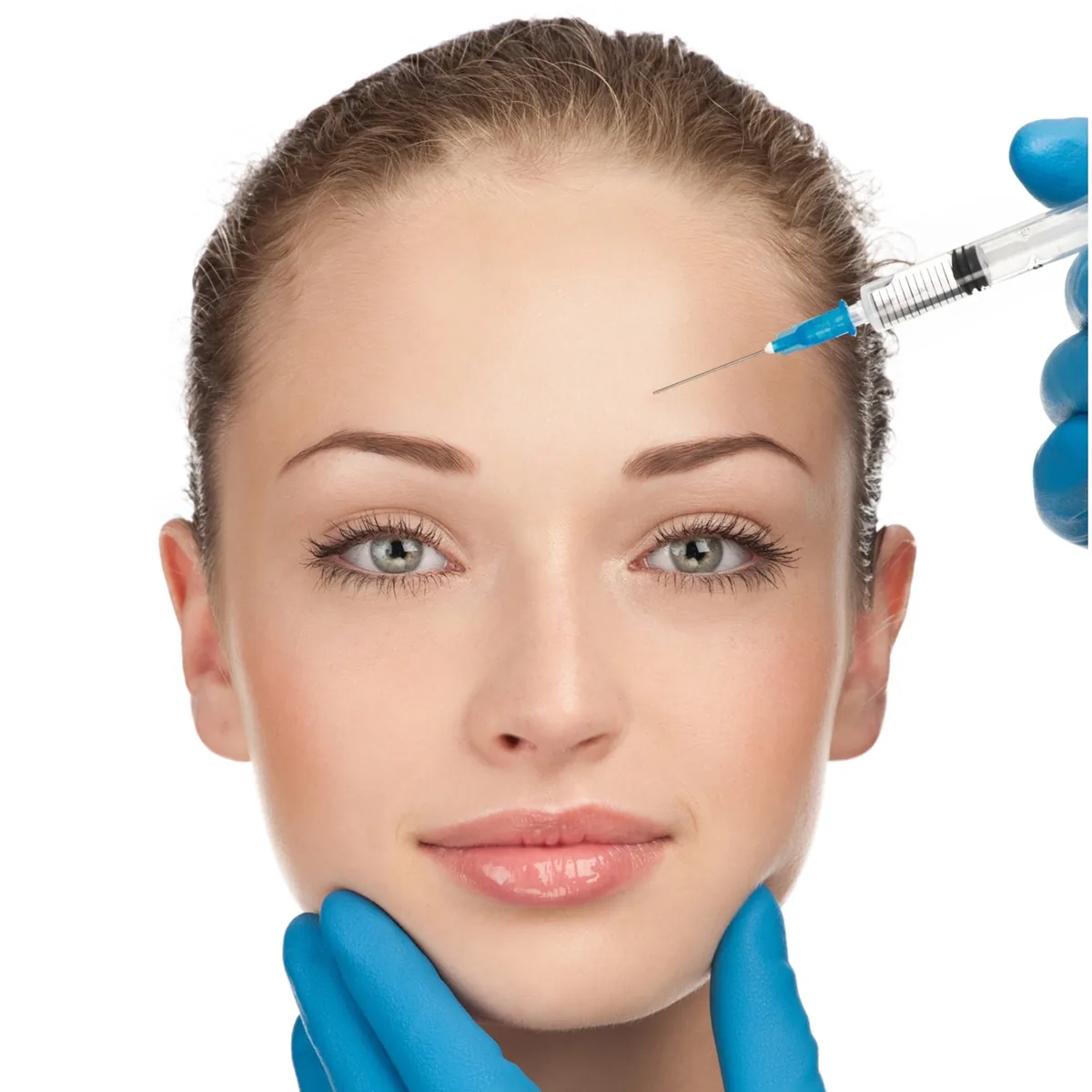A fine needle placed into the forehead lines for an anti-wrinkle injection